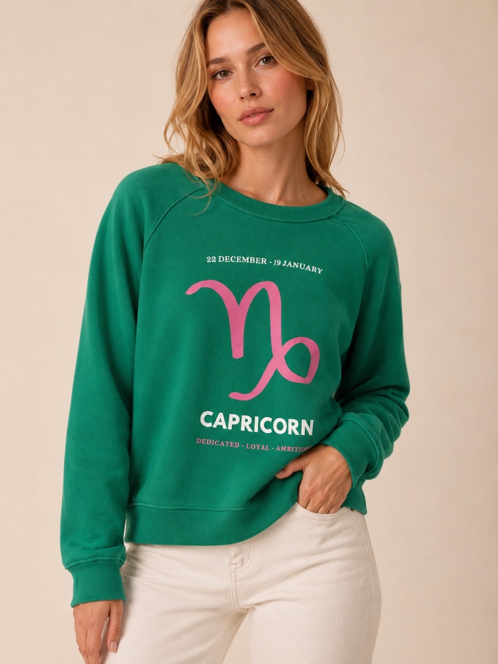 Anthropologie Green Crewneck with Pink Capricorn Graphic